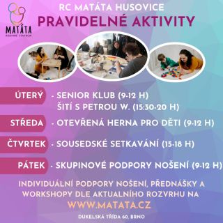 Přinášíme seznam pravidelných aktivit, které v husovické Matátě pořádáme. Senior klub a sousedská setkávání již začaly,...